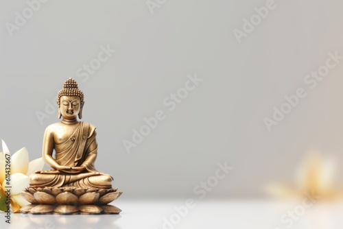 A statue of buddha sits on a table with a yellow background. Generative AI photo