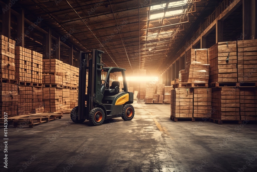 A forklift in a warehouse with a man driving it in the background. Generative AI