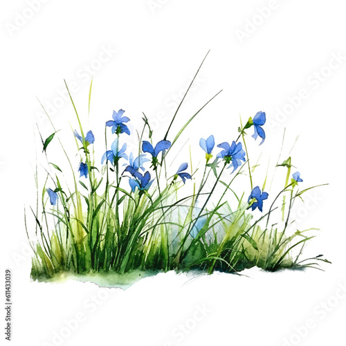 line of grass with blue flowers in watercolor design isolated against transparent