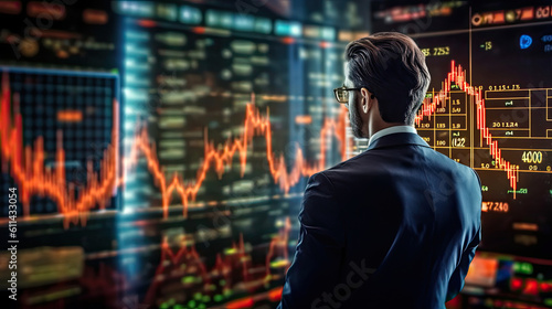 Businessman analyzing stock market trends and economic graph indicators to achieve sustainable growth in financial investment, Generative AI © Sasint