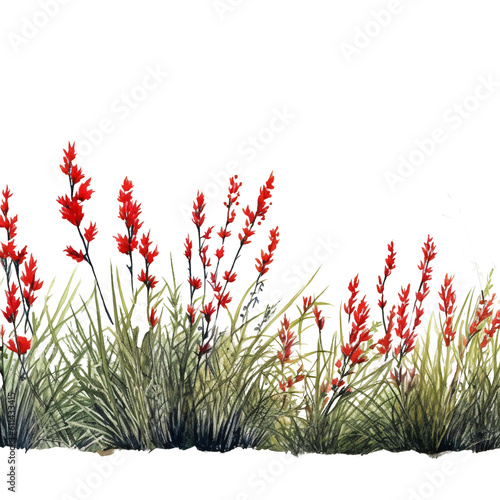 line of grass with red flowers in watercolor design isolated against transparent