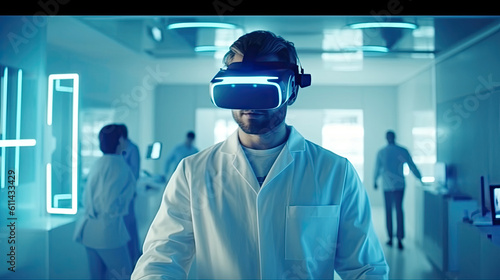 Medicine doctor wearing virtual reality glasses checking and testing result of patient with simulator on media futuristic medical, Generative AI