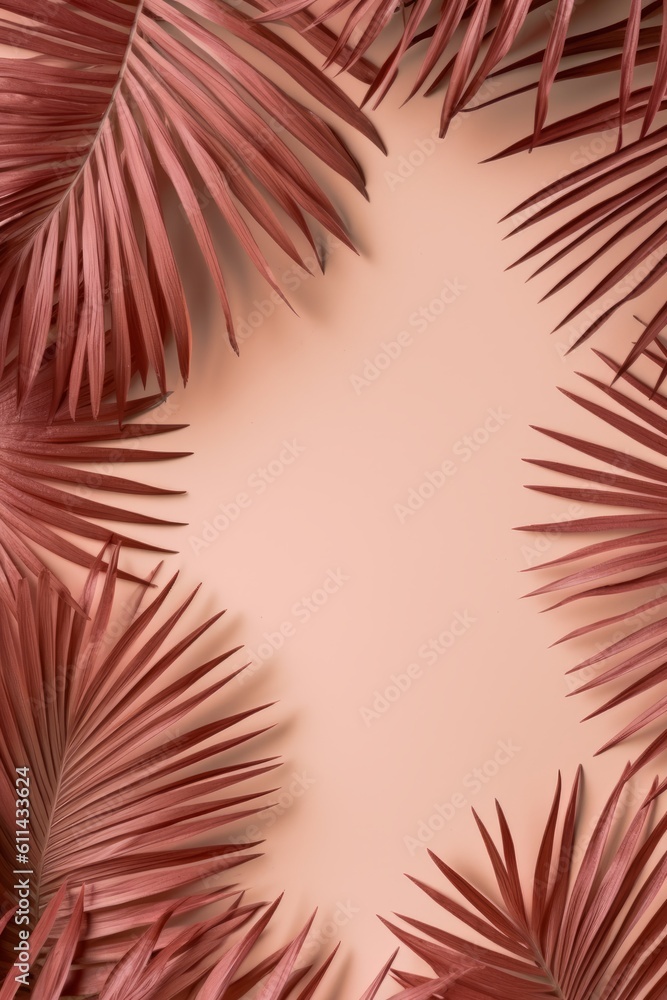 Tropical leaves on a pink background Generative AI