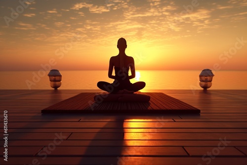 A woman meditating on a dock with the sun setting behind her. Generative AI photo