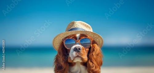 Dog, pet Sun-Kissed Pooch.   Cavalier King Charles Spaniel Rocks the Beach in Cool Shades, Sunglasses, and a Stylish Hat.  Generative AI.  © touchedbylight