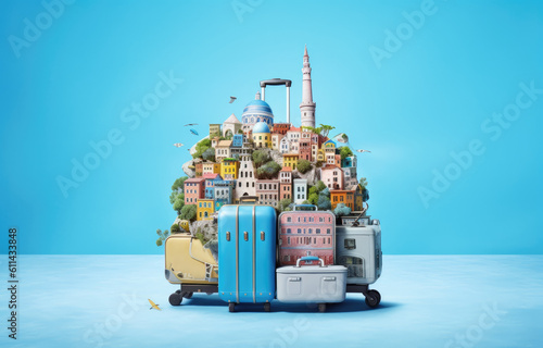 Travel symbols on a blue background , Travel concept