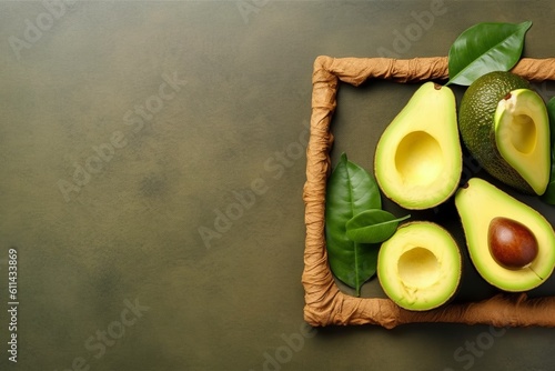 A yellow background with avocados and leaves. Generative AI photo