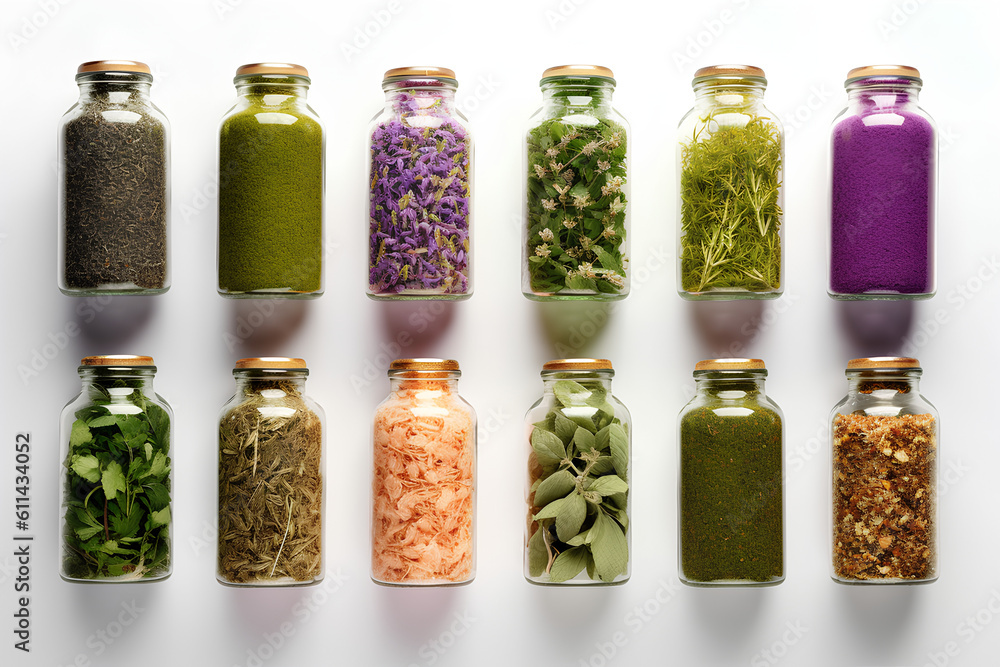 set of spice jars, spice advertising jars, mediterranean herbs, spicy herbs, seasoning in containers, glass herb jars, ai generative set of spice jars, spice advertising jars, mediterranean herbs, spicy herbs, seasoning in containers, glass herb jars, ai generative