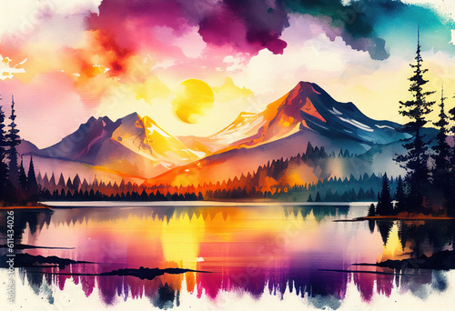 Watercolor nature landscape painting beautiful abstract. High quality illustration