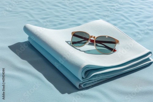 A pair of sunglasses on a blue blanket on a beach. Generative AI photo