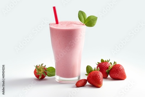 A glass of strawberry smoothie next to some strawberries. Generative AI