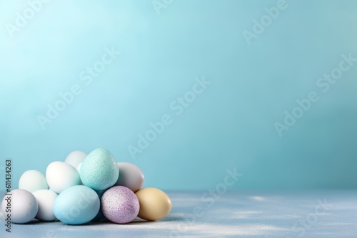A pile of colorful easter eggs on a blue background. Generative AI