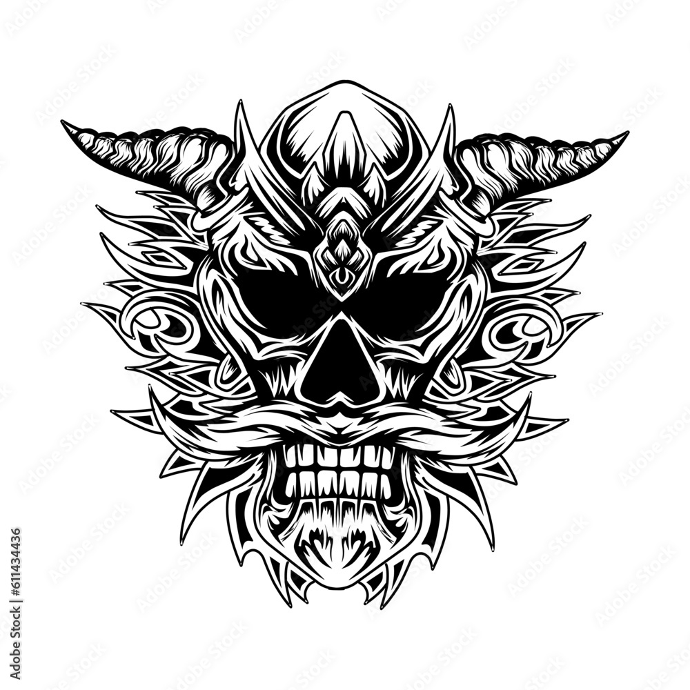 Fototapeta premium Skull tribal tattoo black and white illustration