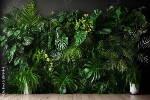 A wall of tropical plants with a white floor and a wooden floor. Generative AI