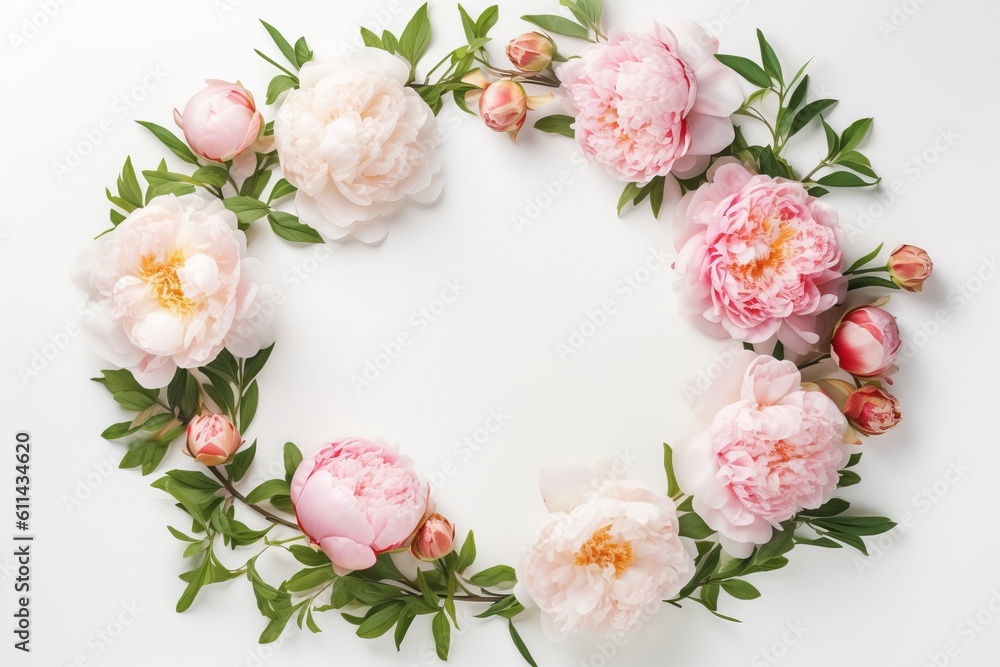 A wreath of peonies with green leaves on a white background mock up empty space for text Generative AI