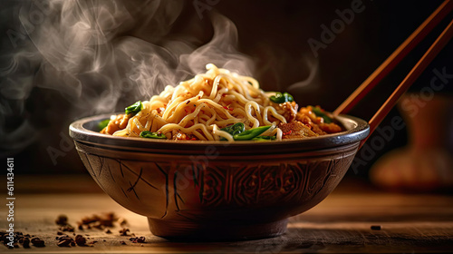 Noodles with steam and smoke in bowl on wooden background, selective focus. Asian meal on a table, junk food concept, Generative AI photo
