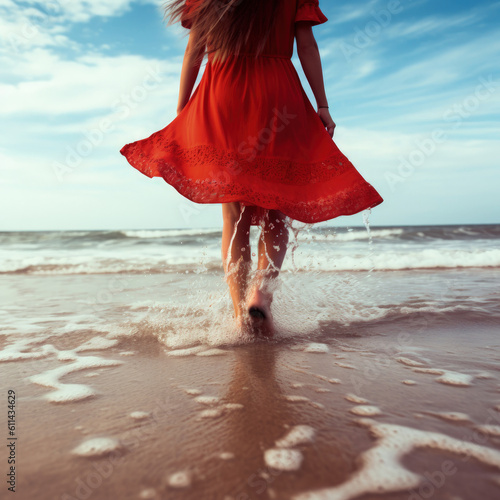egs of young woman in red summer dress walking on beach by waves of water. Fashion, summertime, lifestyle concept. photo