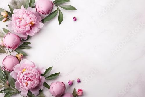 A wreath of peonies with green leaves on a white background mock up empty space for text Generative AI
