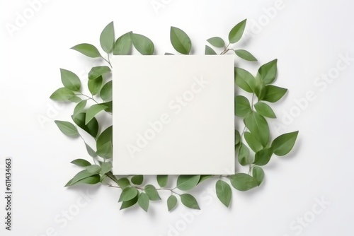 Square frame with green leaves on a white background mock up empty space for text Generative AI