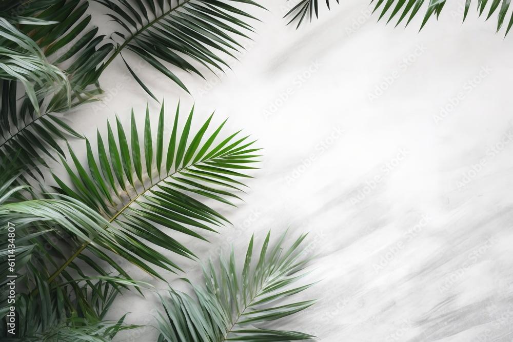 Green palm leaves on a white background mock up empty space for text Generative AI