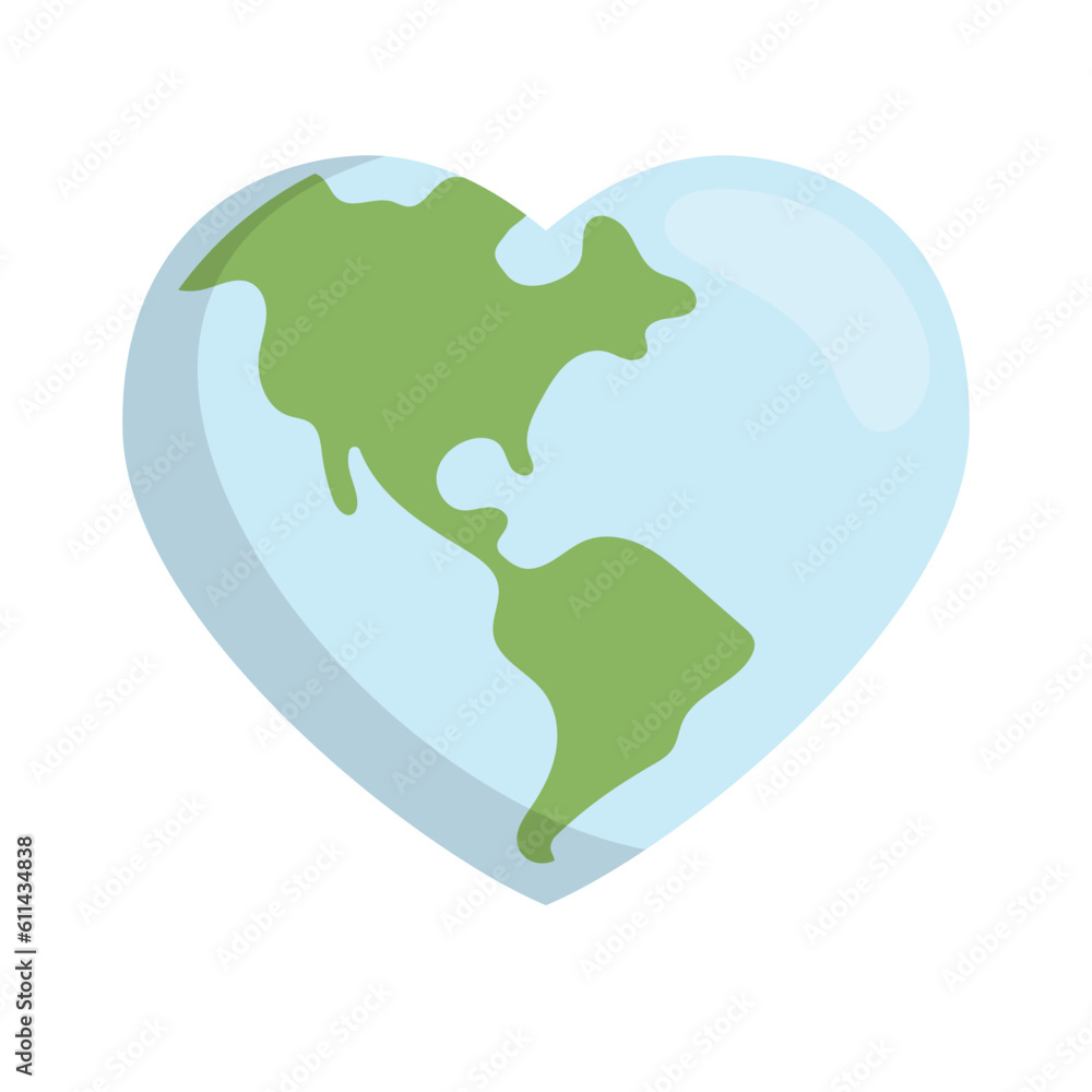 Heart shaped planet earth icon. Save the world. Eco friendly environmental message. Love. Map centered in America. Heart shaped planet earth icon. Save the world. Eco friendly environmental message. Love. Map centered in America.