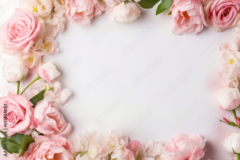 Pink flowers on empty mock up a white background Generative AI
