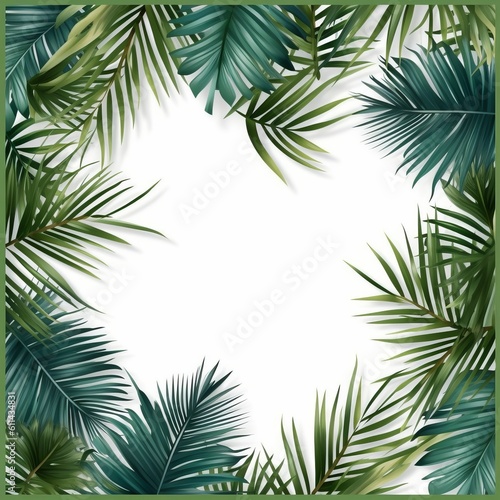 Tropical leaves frame on a white background mock up empty space for text Generative AI