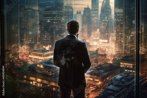 A man stands in front of a cityscape with the night city Generative AI
