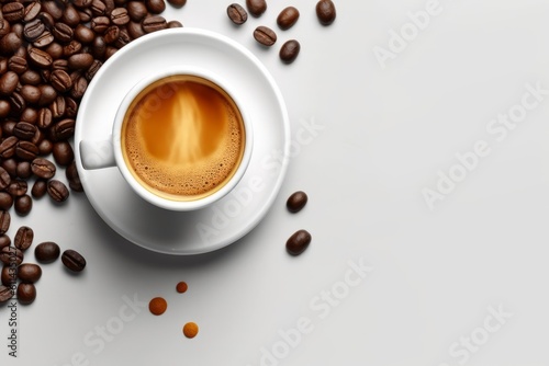 A cup of coffee sits on a white saucer next to a pile of coffee beans. Generative AI photo