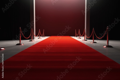 A red carpet with a red rope and the word red on it. Generative AI photo