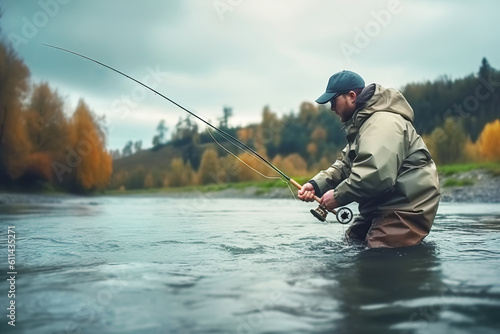 Fisherman catches trout on spinning in fast mountain river. Generative AI illustration