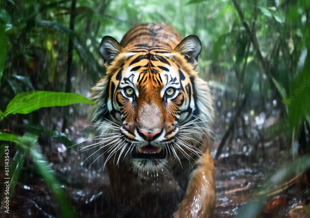 Fototapeta premium Tiger in the forest in the rain generative AI