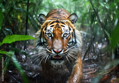 Tiger in the forest in the rain generative AI