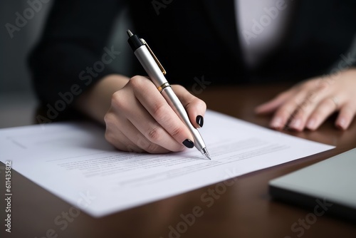 A woman signing a document with a pen Generative AI