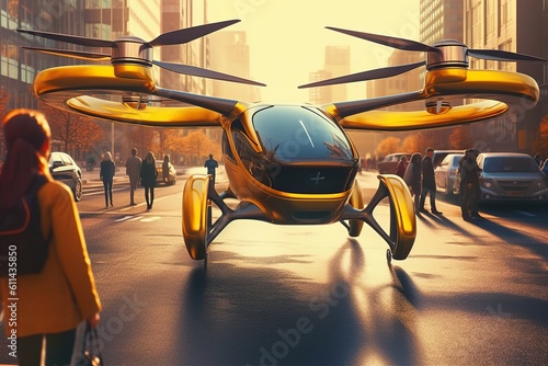 A yellow and black flying car Air taxi Generative AI photo