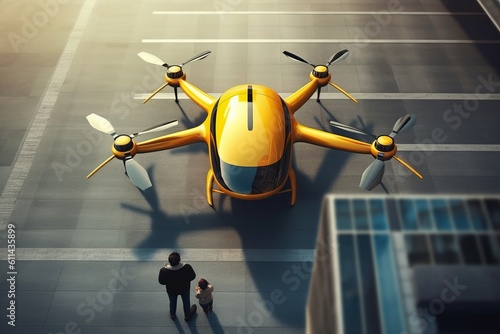 Fototapet A man and a boy are looking at a drone that is flying over a building Air taxi G