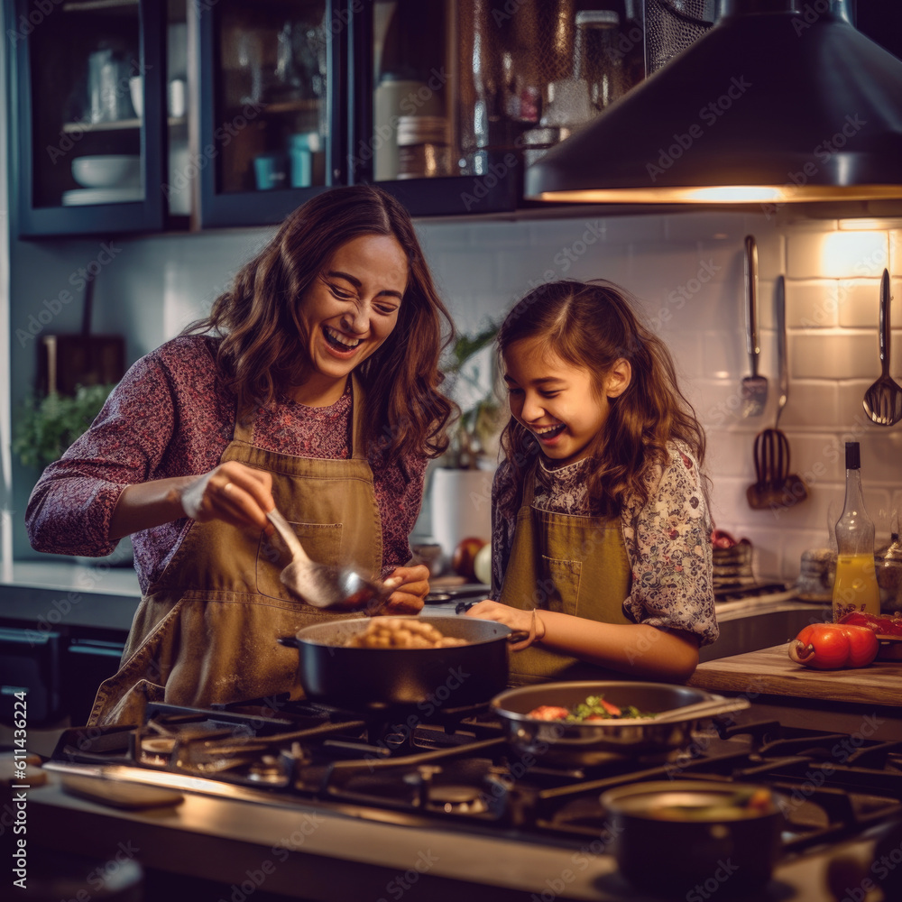Mother and daughter helping each other to cook in the kitchen happily, they are laughing and smiling.. Family teamwork. Homemade food and little helper. Mother and daughter helping each other to cook in the kitchen happily, they are laughing and smiling.. Family teamwork. Homemade food and little helper.