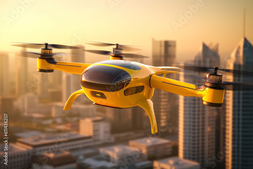 Billede på lærred Air taxi A yellow drone on the city background Generative AI
