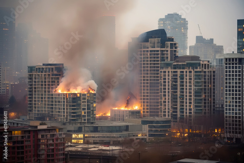 Big fire in city. Burning buildings with fire and smoke. Generative AI illustration
