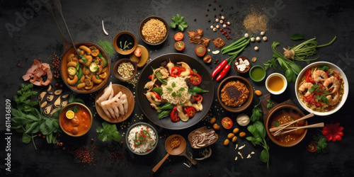 Traditional Thai food on dark background. Oriental food concept. Top view, flat lay, panorama, Generative AI