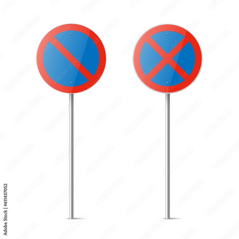 Vector Blue and Red Round Prohibition Sign Icon Set - Parking Prohibited, Stopping Prohibited Sign Frame Set Closeup Isolated. Traffic Road Plate, Sign Design Template, Front View Vector Blue and Red Round Prohibition Sign Icon Set - Parking Prohibited, Stopping Prohibited Sign Frame Set Closeup Isolated. Traffic Road Plate, Sign Design Template, Front View