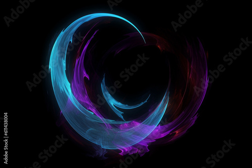 An image of an abstract neon crescent shape with vibrant blue and purple colors on a clean black background.