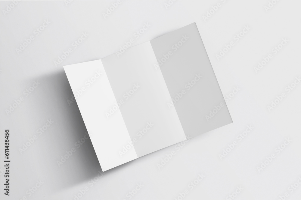 Blank white tri folded booklet mock up, opened, front and back side, top view, 3d rendering. Plain trifold brochures mockups set isolated. Book cover and three flier inside with shadow overlay. Blank white tri folded booklet mock up, opened, front and back side, top view, 3d rendering. Plain trifold brochures mockups set isolated. Book cover and three flier inside with shadow overlay.
