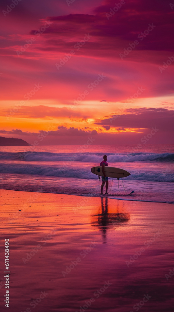 Surfer riding an ocean wave in the sunset 