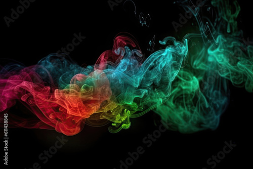 Red, orange, blue and green colorful smoke on black background.