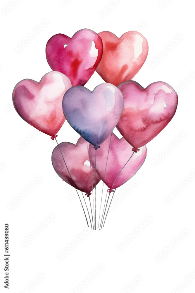 some colorful rosy heart shape party balloons in watercolor design isolated against transparent
