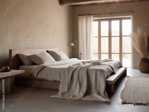 Bright beige wooden bedroom, minimal modern style. Generative AI