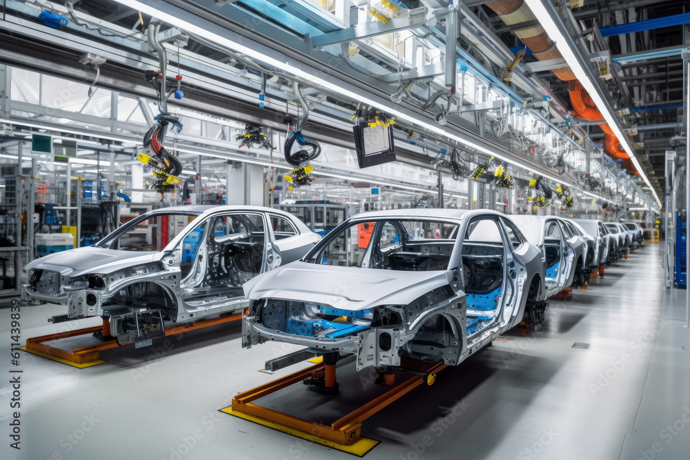 Automated conveyor line for car assembly, futuristic concept, AI Generated Automated conveyor line for car assembly, futuristic concept, AI Generated