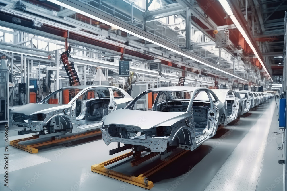 Automated conveyor line for car assembly, futuristic concept, AI Generated