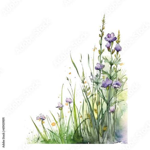Fototapeta Naklejka Na Ścianę i Meble -  slender side decor from grass and filigran flowers in watercolor design isolated against transparent